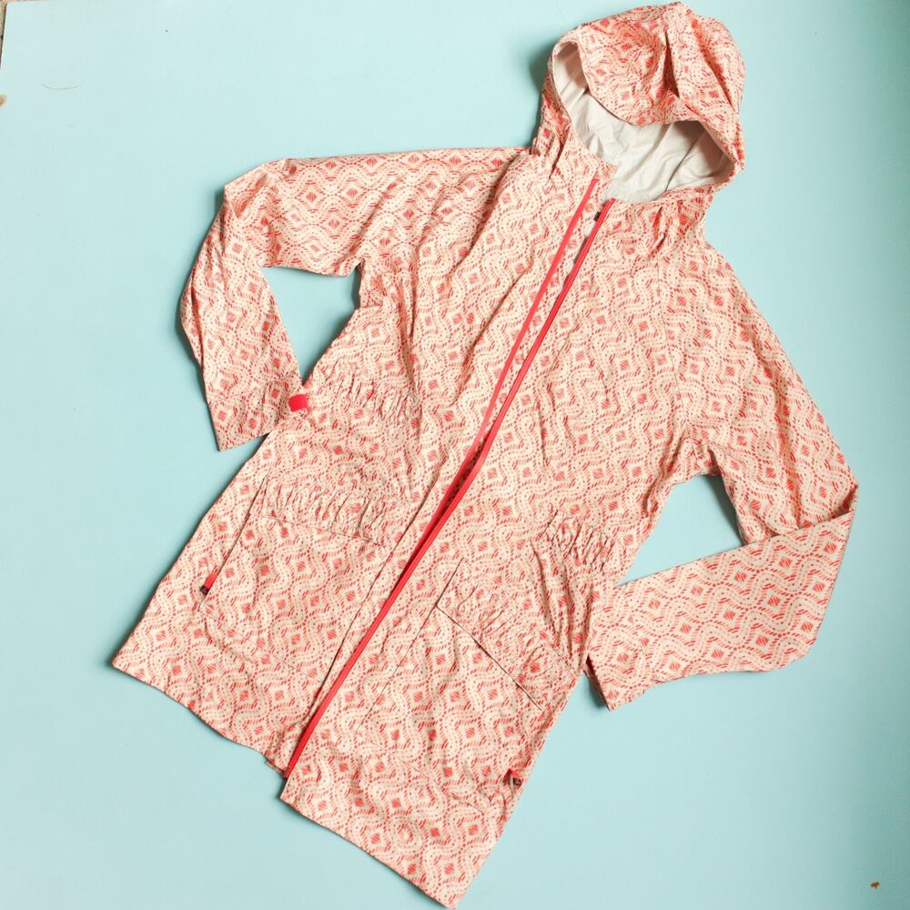 Prana Jordi Orange Print Hooded Longline Rain Jacket Size Small Outdoors Hiking